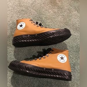 Mens custom made converse sneakers. Tan leather. Basketball